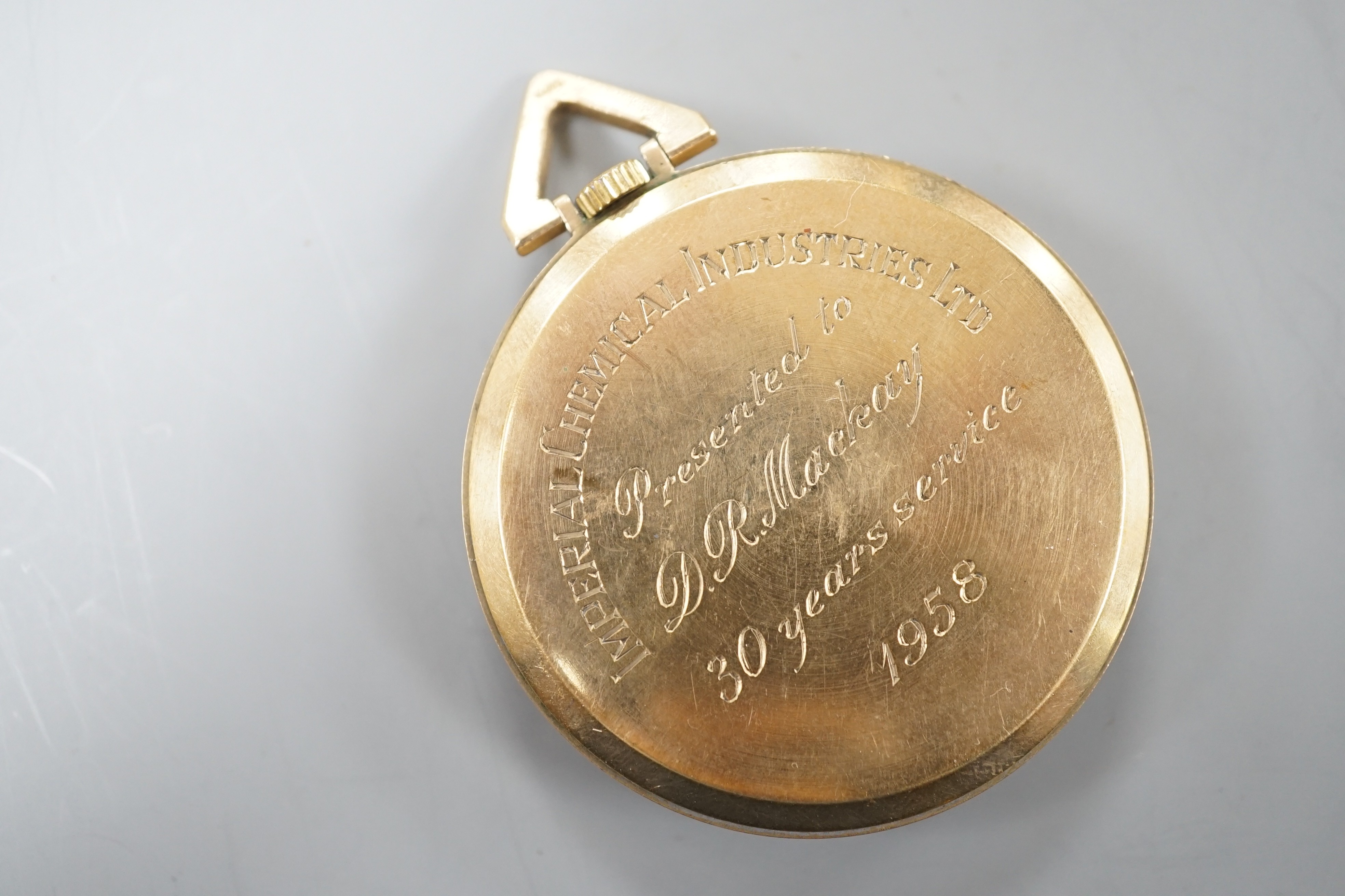 A modern 9ct gold Garrard keyless dress pocket watch, with Roman dial and subsidiary seconds, case diameter 45mm, gross weight 52.9 grams, with case back inscription.